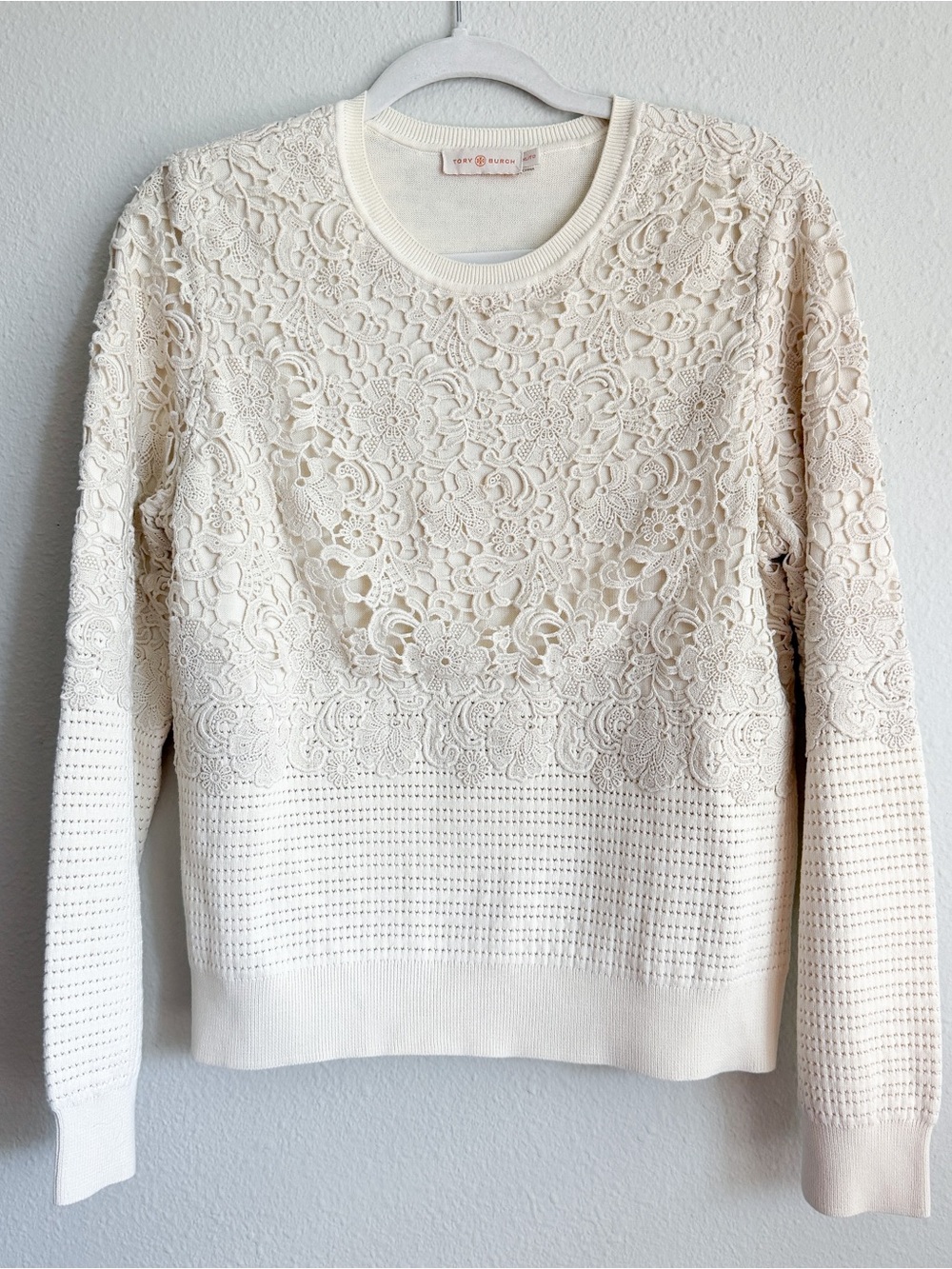 Tory Burch Cream Crochet Lace Crewneck Sweater Size XL